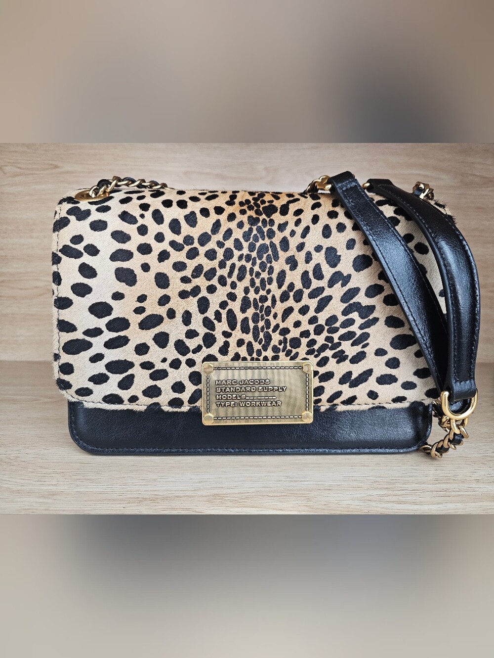 Marc Jacobs The Plaza Leopard Print Leather Bag in Black Multi Suede.